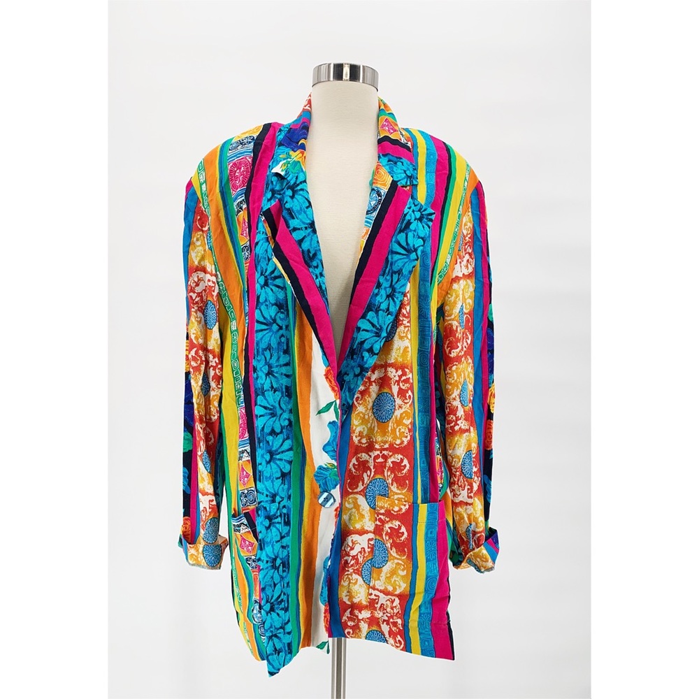Vtg 1980s Oversized Neon Colorful Blazer Floral 16 - Picture 1 of 7